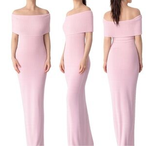 Off-Shoulder Ribbed Maxi Dress - Light Pink
